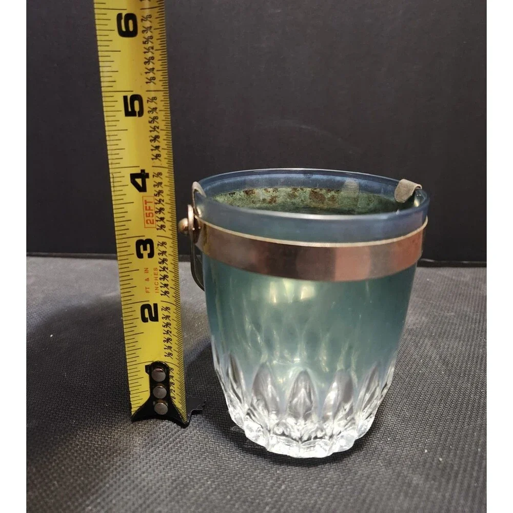 Blue and Clear Glass Ice Bucket with Metal Handle, Round Shape, 4.5